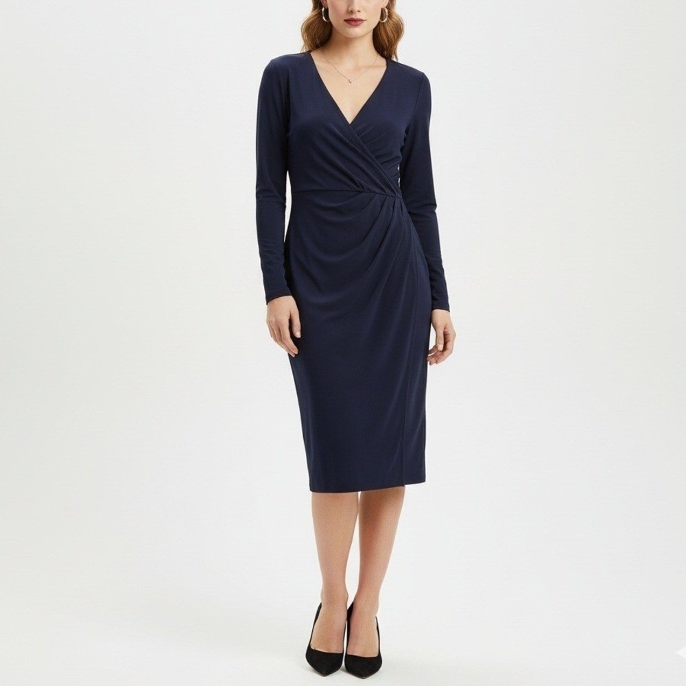 Lauren Ralph Lauren Navy Ruched Faux Wrap Dress Size 4 | 3/4 Sleeve Knee Length